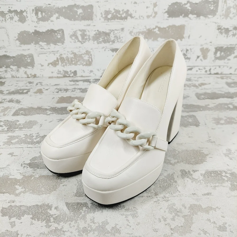 New Open Edit Women White Round Toe Chain Chunky Mid Platform Heels Shoes B501